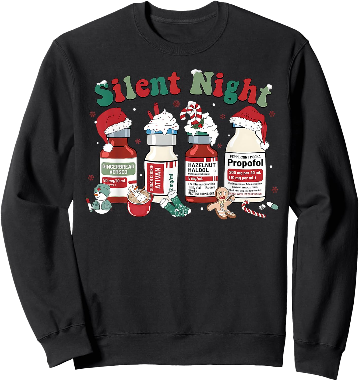 Retro Propofol Silent Night ICU Nurses Funny Merry Christmas Sweatshirt - Sweatshirt | Black