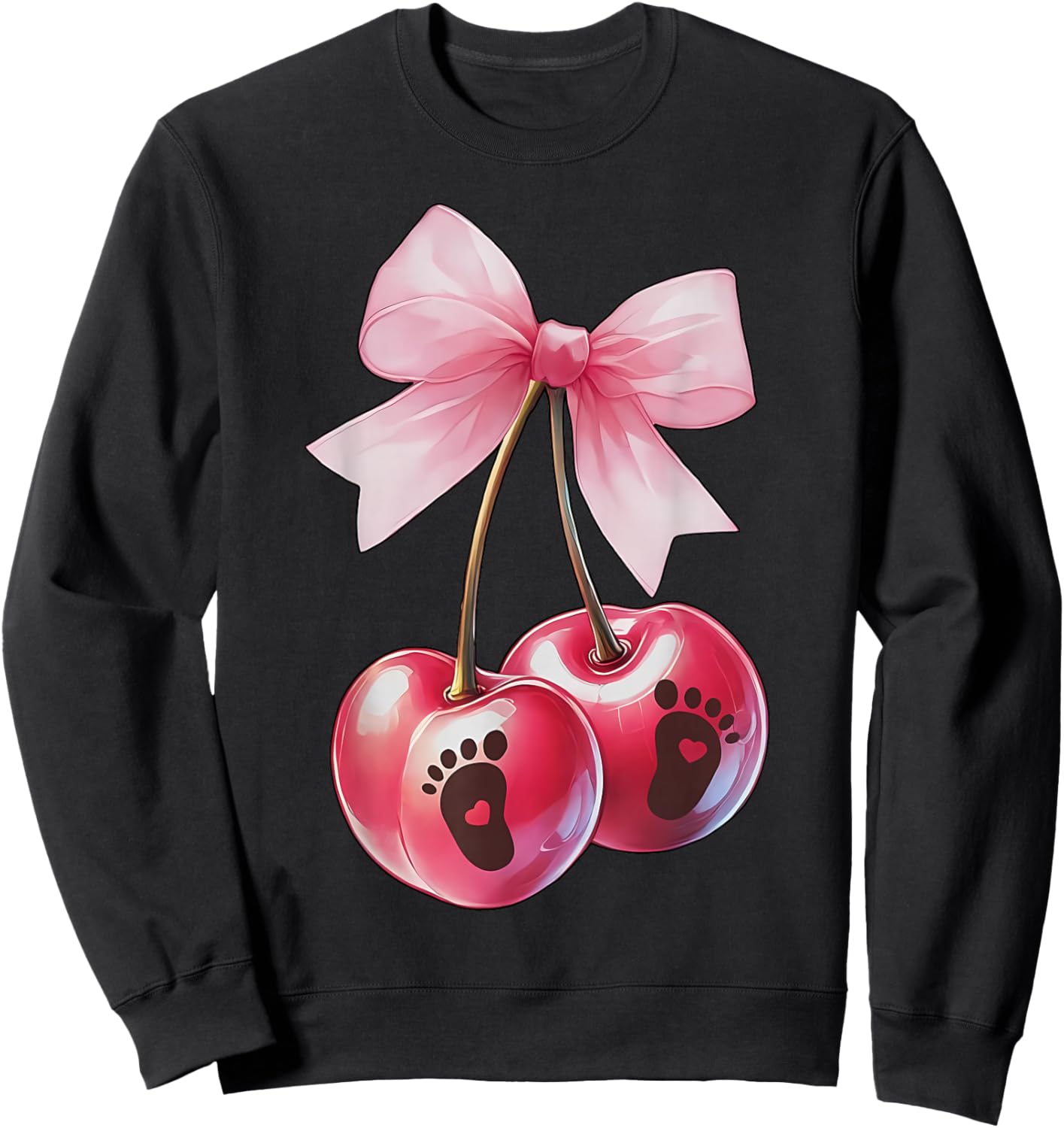 Coquette Cherry Bow With Baby Foot Pregnancy Reveal New Mom Sweatshirt - Sweatshirt | Black