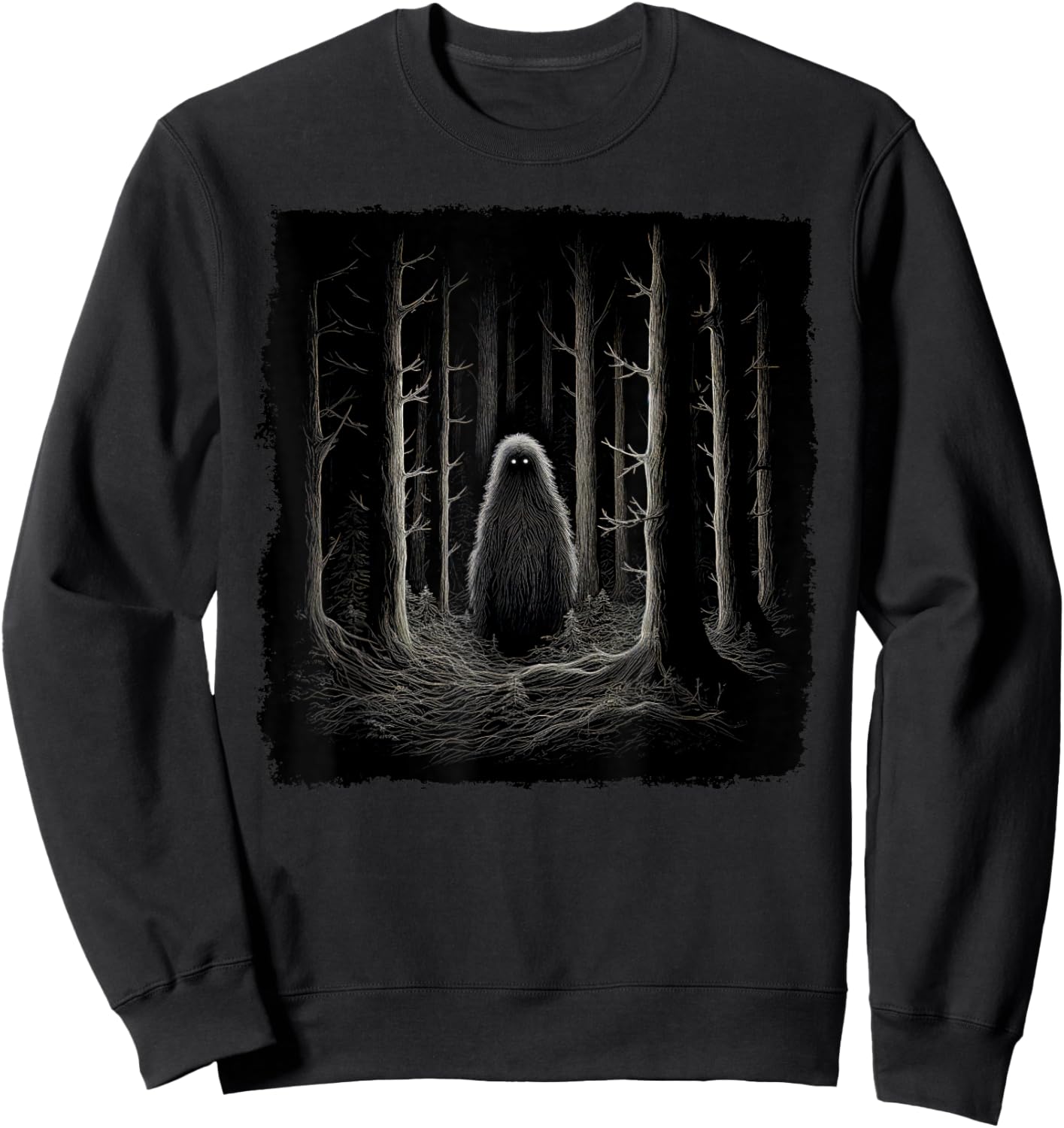 Sasquatch in the Forest with Glowing Eyes – Funny Bigfoot Sweatshirt - Sweatshirt | Black