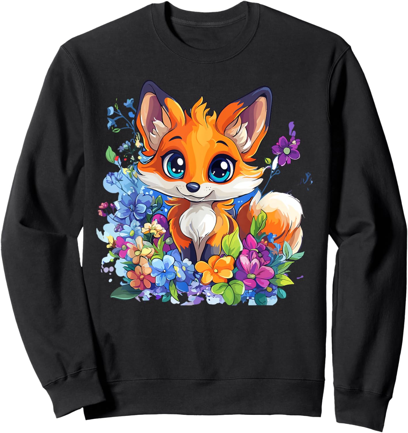 Cute Fox Surrounded by Flowers , Black, S Sweatshirt - Sweatshirt | Black