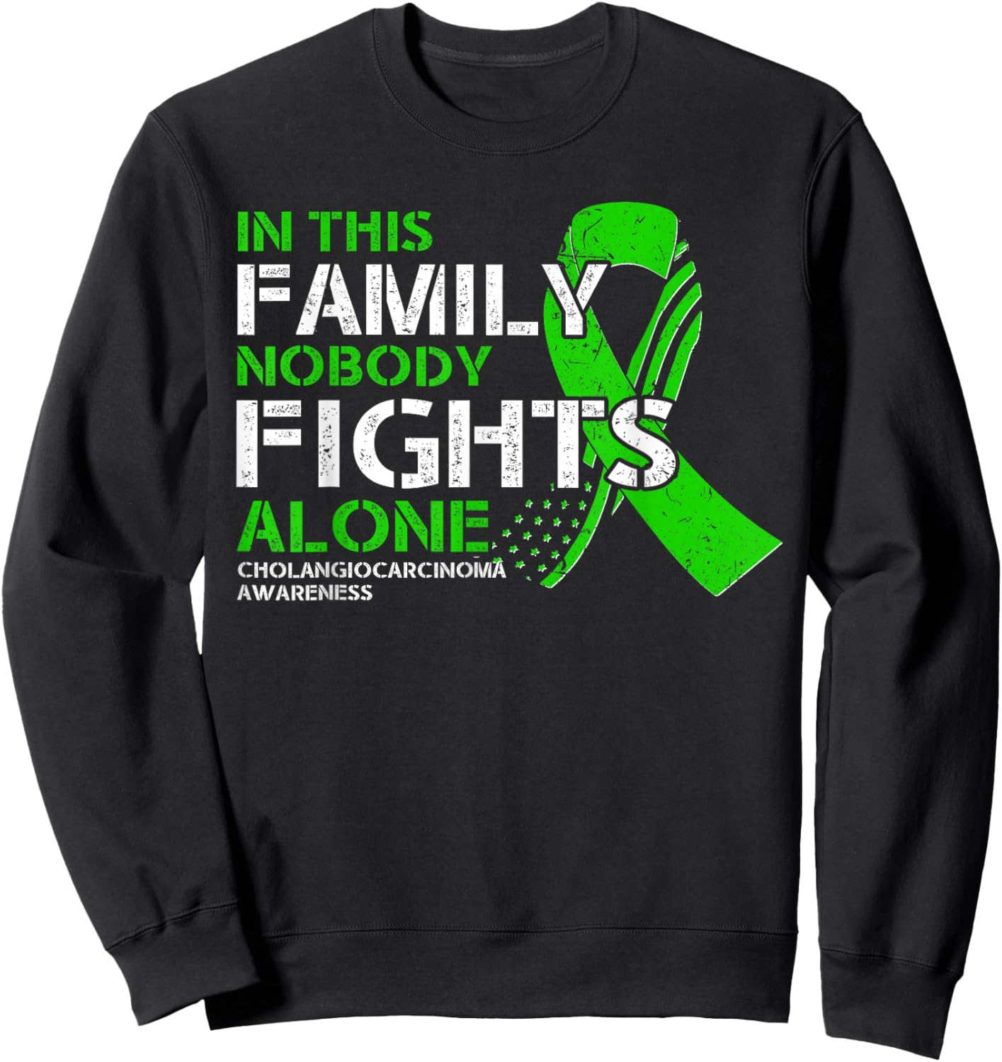 Cholangiocarcinoma Awareness - American Flag Green Ribbon Sweatshirt - Sweatshirt | Black