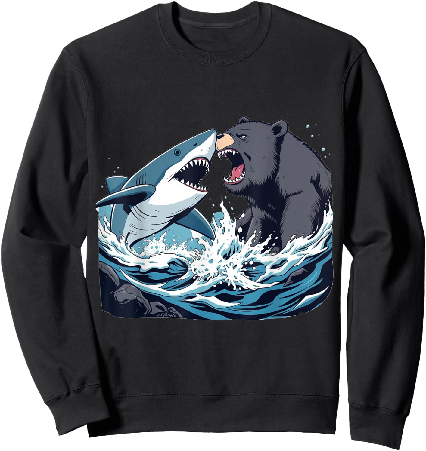 Shark vs Bear - Funny Comic Art Style Graphic Sweatshirt - Sweatshirt | Black