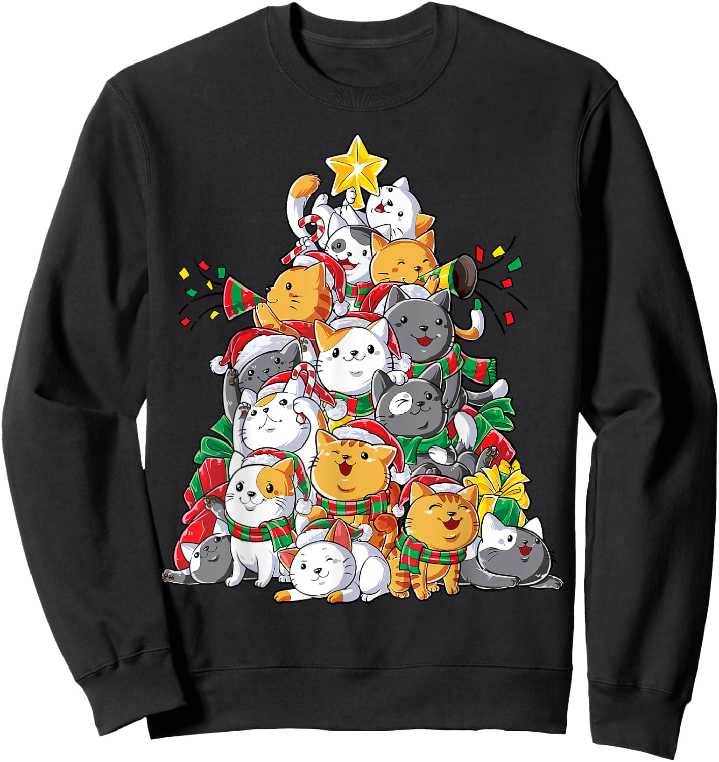 Cat Christmas Tree Xmas Girls Boys Funny Meowy Catmas Santa Short Sleeve Sweatshirt - Sweatshirt | Black
