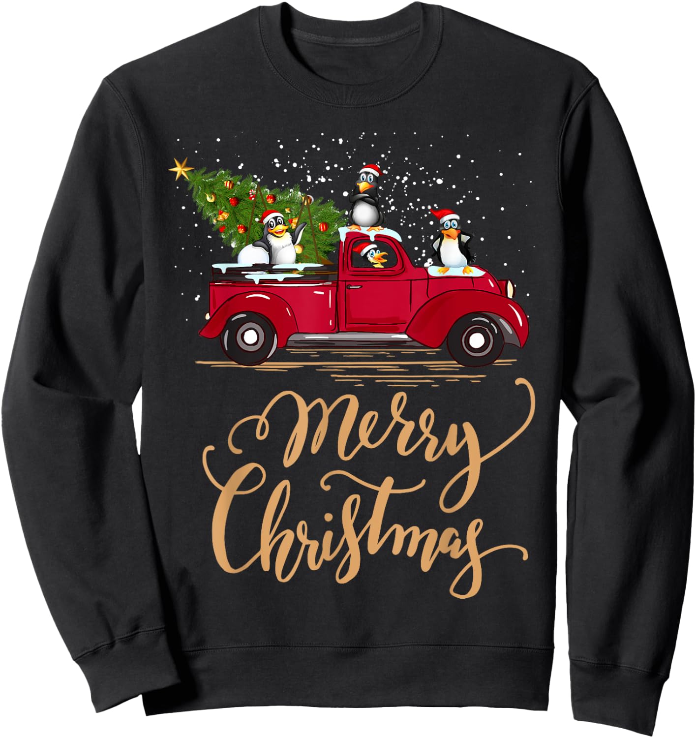 Penguin Driving Christmas Tree Red Truck Penguin Christmas Sweatshirt - Sweatshirt | Black