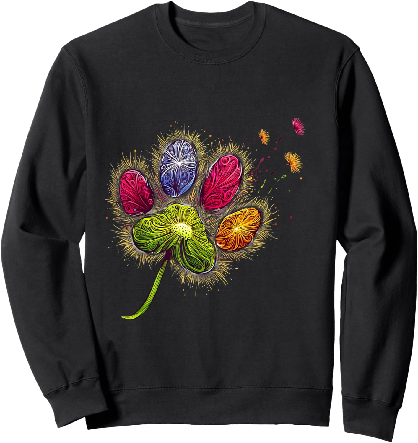 Colorful Big Paw Print Dandelion Paw Print Graphic Sweatshirt - Sweatshirt | Black