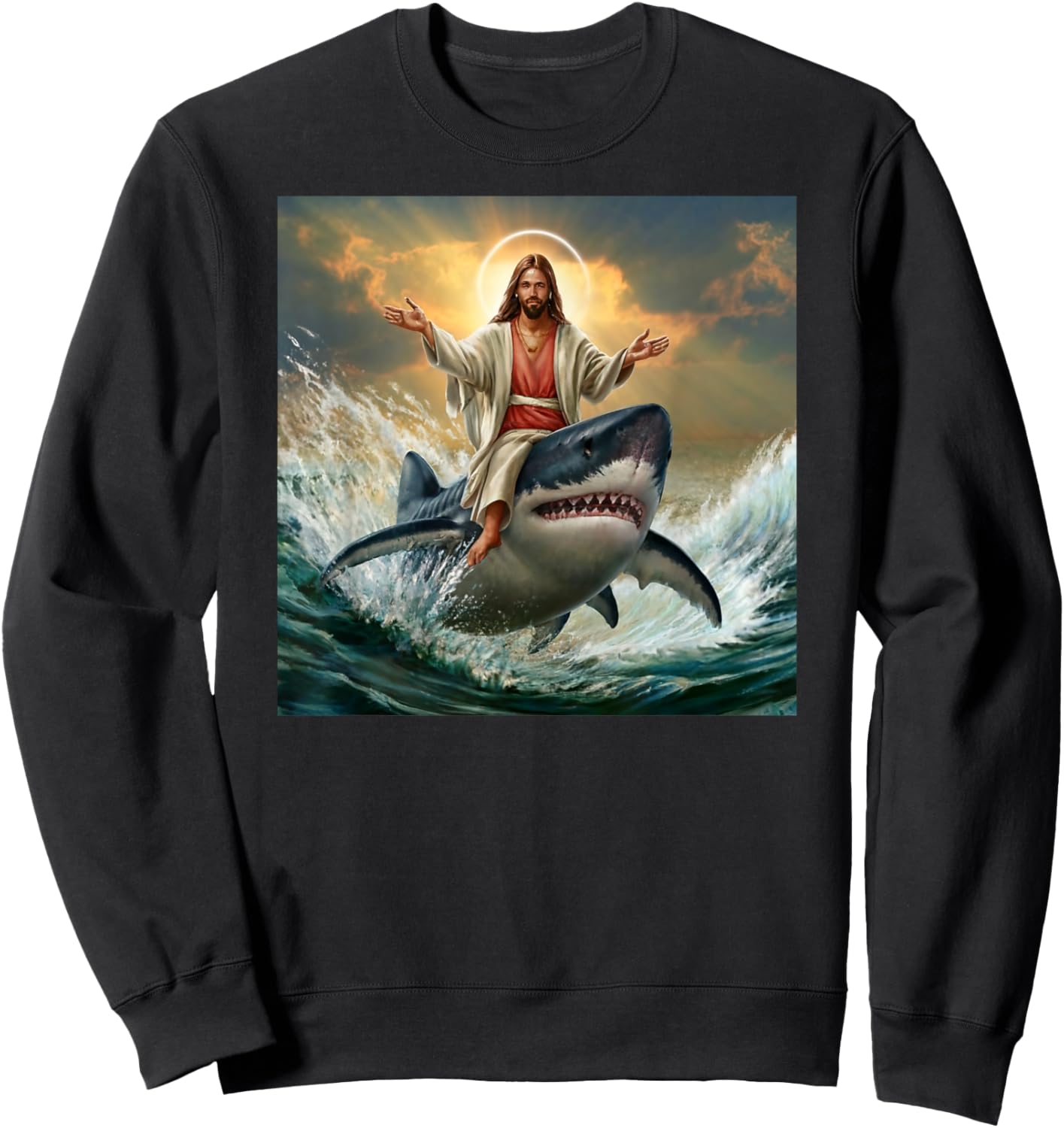 Christian Jesus Riding Shark Funny Shark Jesus Lover Sweatshirt - Sweatshirt | Black