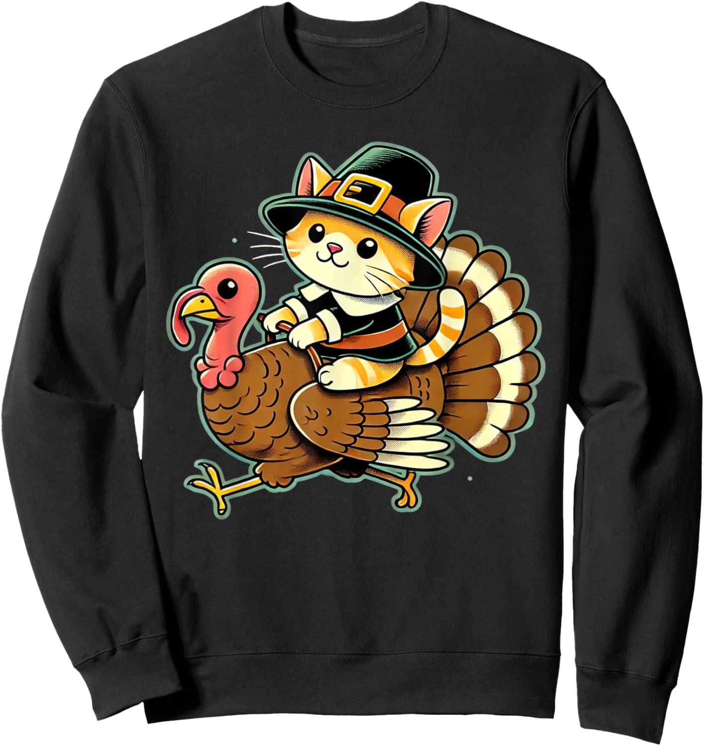 Cute Cat Pilgrim Costume And Turkey Funny Thanksgiving Retro Women Girls Kids Sweatshirt - Sweatshirt | Black