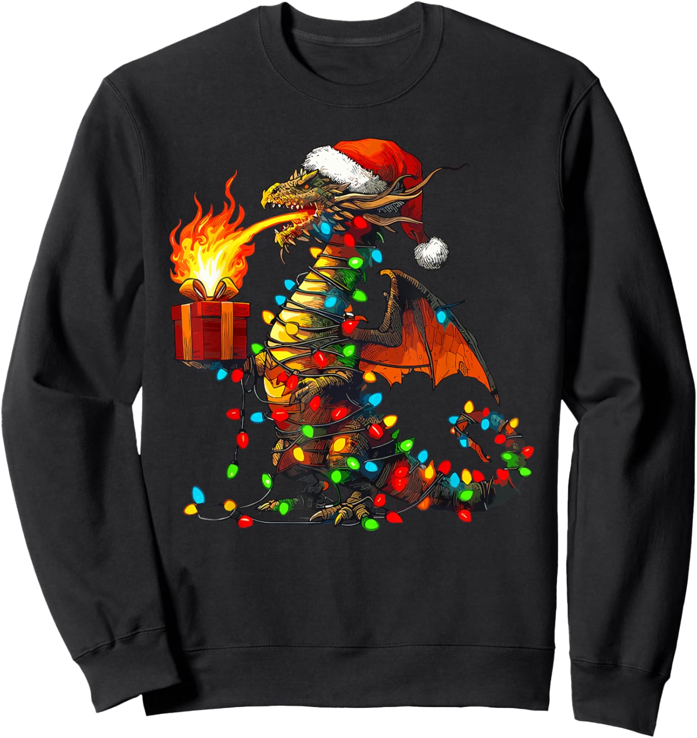 Dragon Wearing Santa Hat, Holding A Present Box Xmas Sweatshirt - Sweatshirt | Black