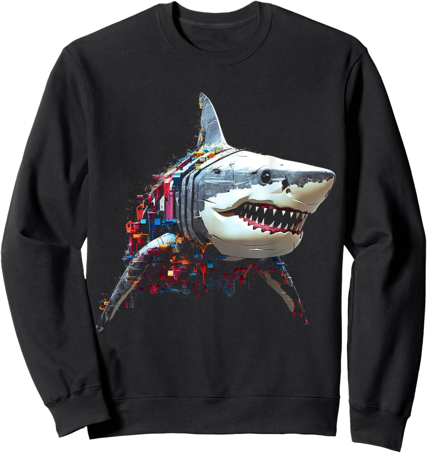 Shark Colorful Art Abstract Animal Polygon Graphic Shark Sweatshirt - Sweatshirt | Black