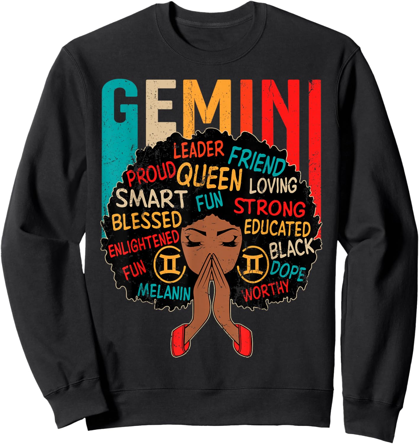 Gemini Queen Retro Afro Black Women Zodiac Sign Sweatshirt - Sweatshirt | Black