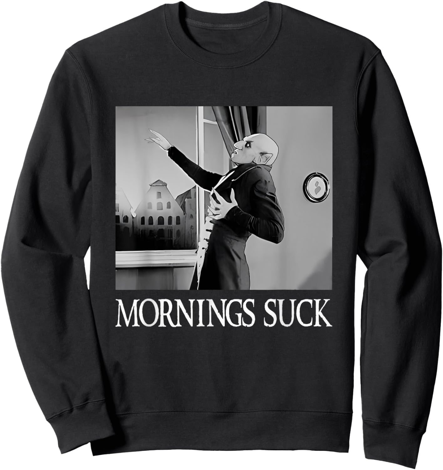 Mornings Suck Funny Halloween Vampire Pun Graphic Sweatshirt - Sweatshirt | Black