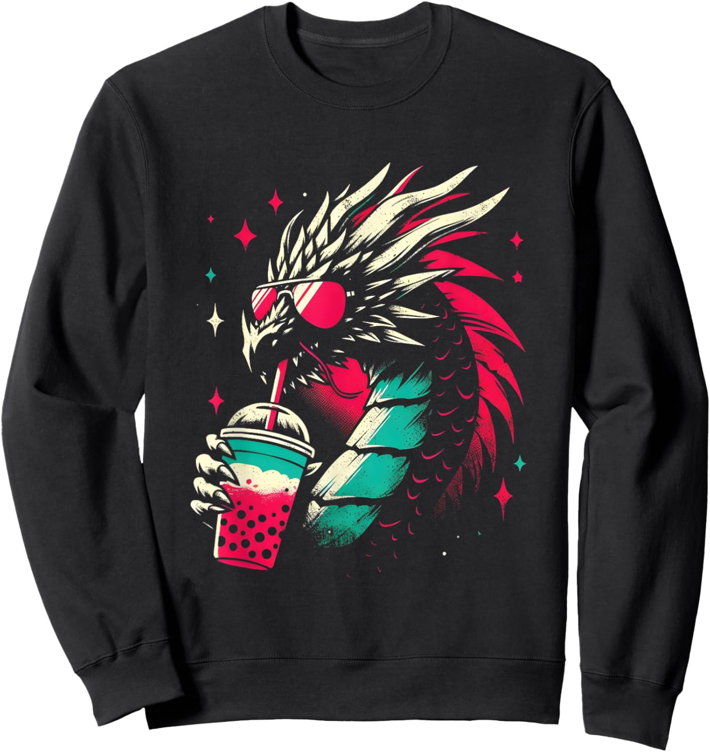 Dragon Drinking Boba Tea - Retro Dragon With Bubble Tea Sweatshirt - Sweatshirt | Black