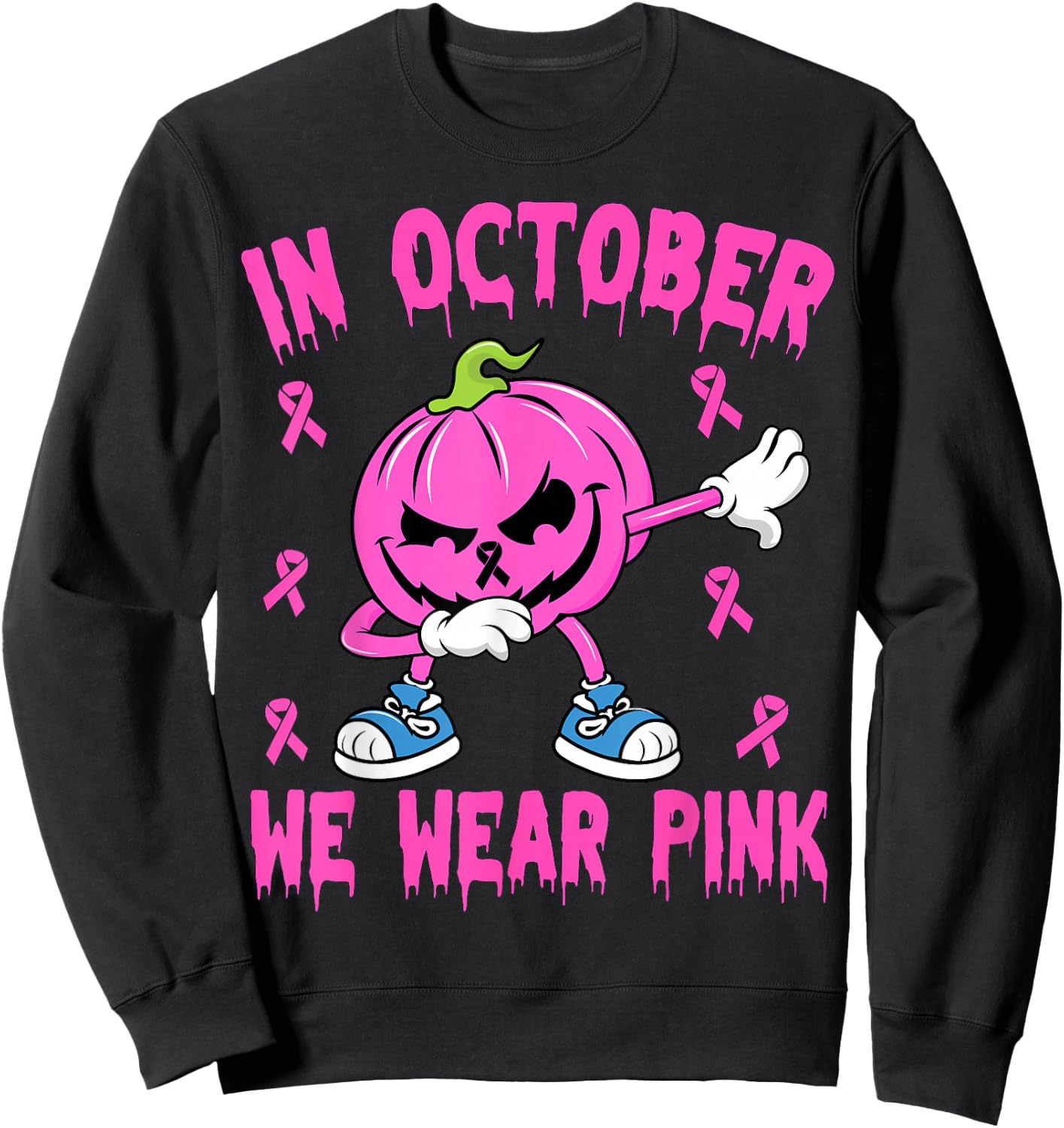 In October We Wear Pink Breast Cancer Pumpkin Halloween Boys Sweatshirt - Sweatshirt | Black