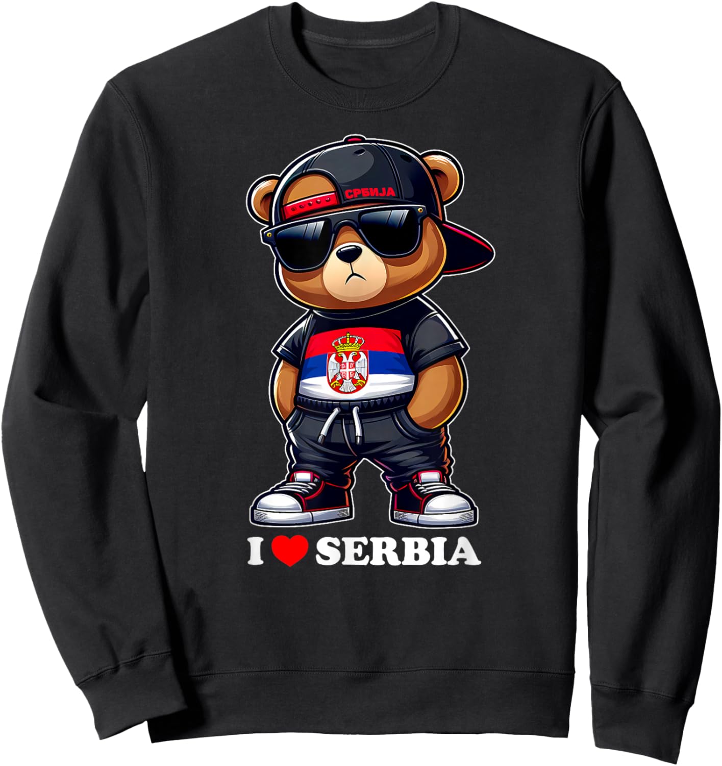 I LOVE SERBIA Flag Serbian Teddy Bear Yugoslavia Gift Srbija Sweatshirt - Sweatshirt | Black