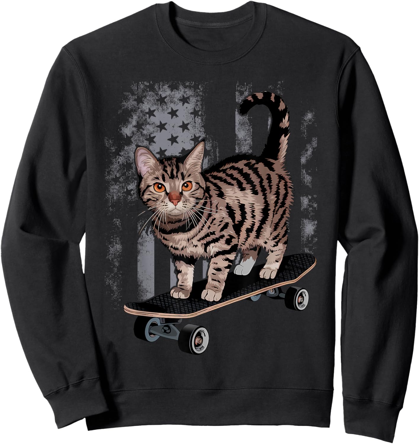 Cat on Skateboard Funny Gray Tabby Kitty Sweatshirt - Sweatshirt | Black