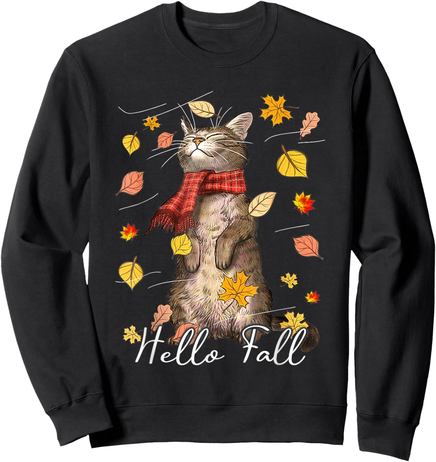 Hello Fall Cat Shirt Cat Autumn Leaves Kitten Lover Men Women Kids Sweatshirt - Sweatshirt | Black