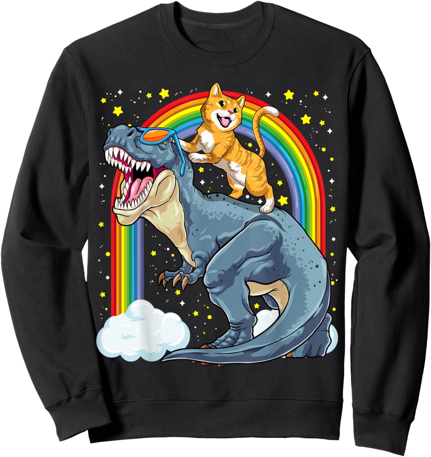Cat Riding Dinosaur T-Rex Kitten Rainbow Dino Funny Sweatshirt - Sweatshirt | Black