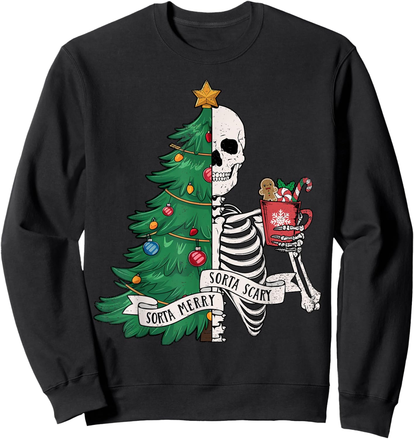 Funny Christmas Sorta Merry Sorta Scary Skeleton Xmas Tree Sweatshirt - Sweatshirt | Black