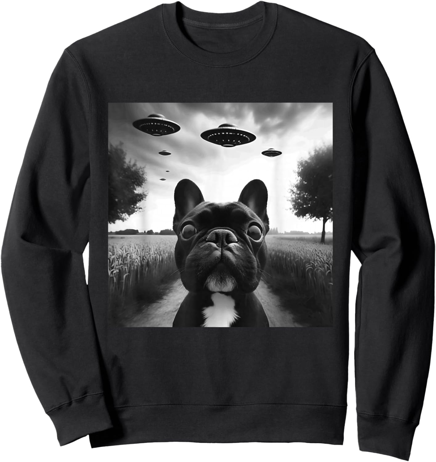 French Bulldog Funny Graphic Selfie with UFOs Weird Aliens Sweatshirt - Sweatshirt | Black