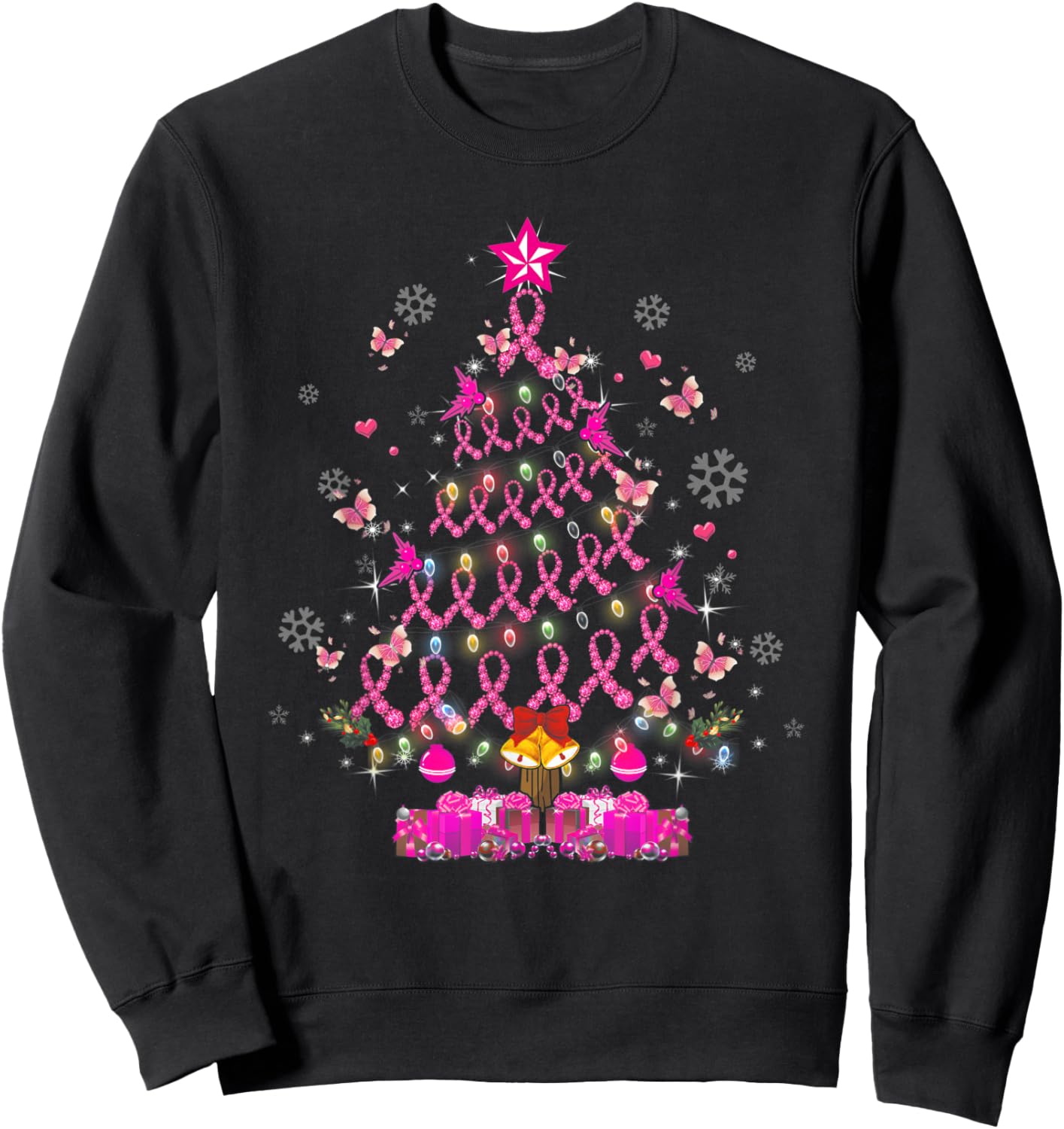 Breast Cancer Awareness Decoration Christmas Tree Snowflakes Sweatshirt - Sweatshirt | Black