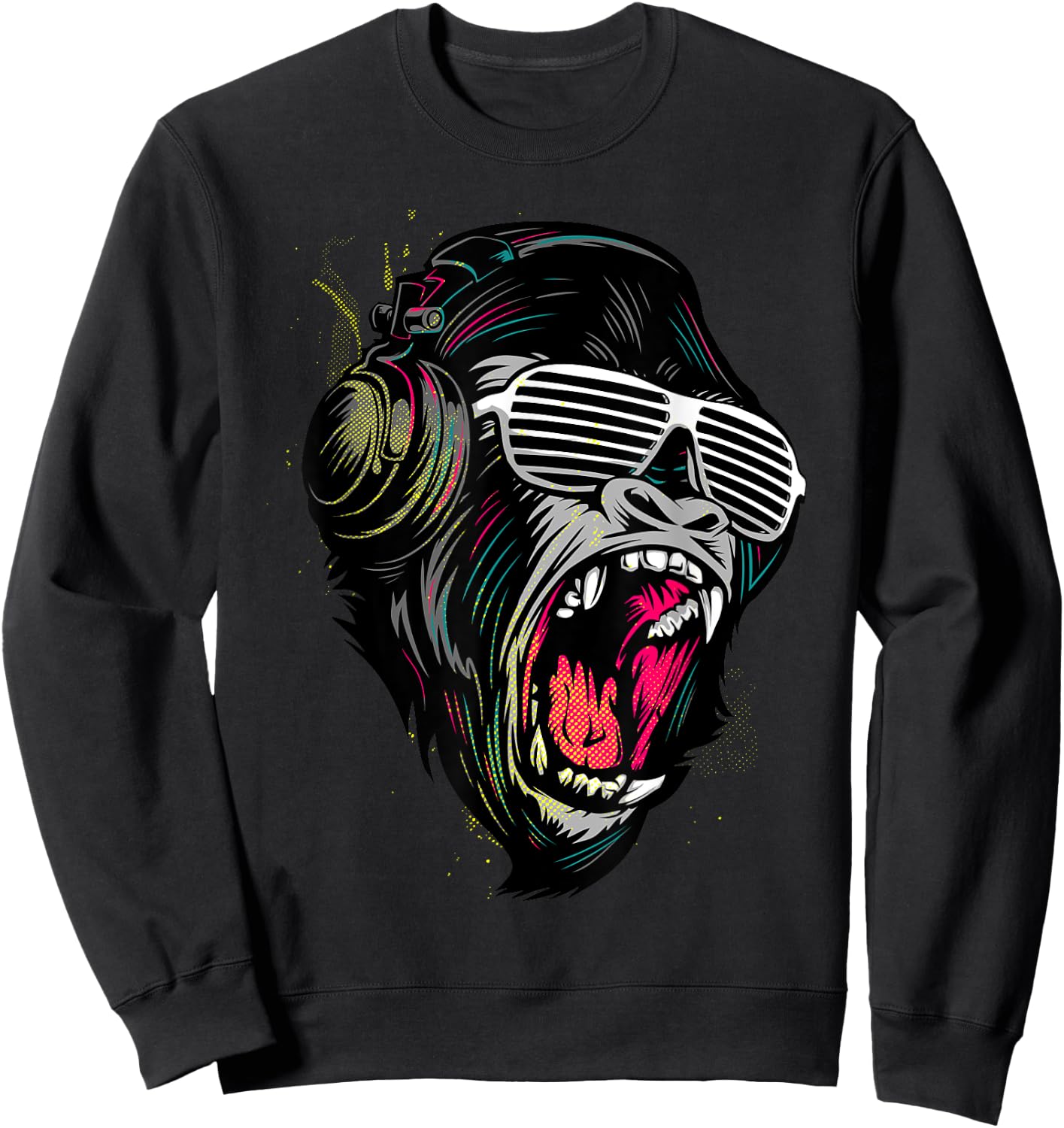 Cool Wild Illustration Monkey Listen To The Music Graphic Sweatshirt - Sweatshirt | Black