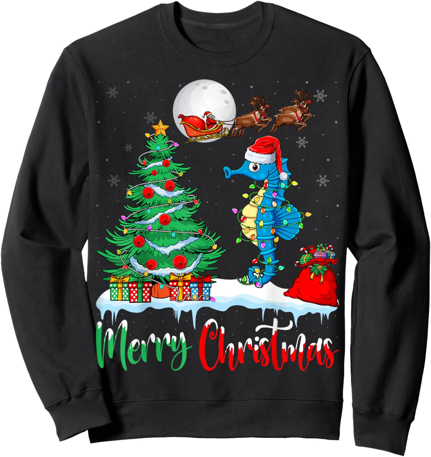 Seahorse Santa Hat Xmas Lights Merry Christmas Seahorse Sweatshirt - Sweatshirt | Black