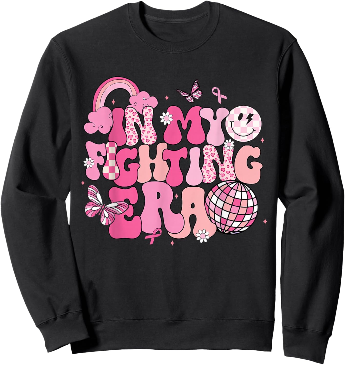 Retro Groovy In My Fighting Era Breast Cancer Awareness Sweatshirt - Sweatshirt | Black