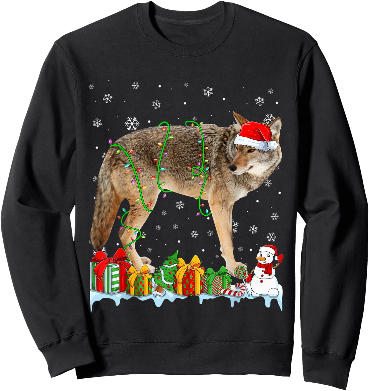 Funny Santa Hat Coyote Christmas Lights Animals Lover Sweatshirt - Sweatshirt | Black