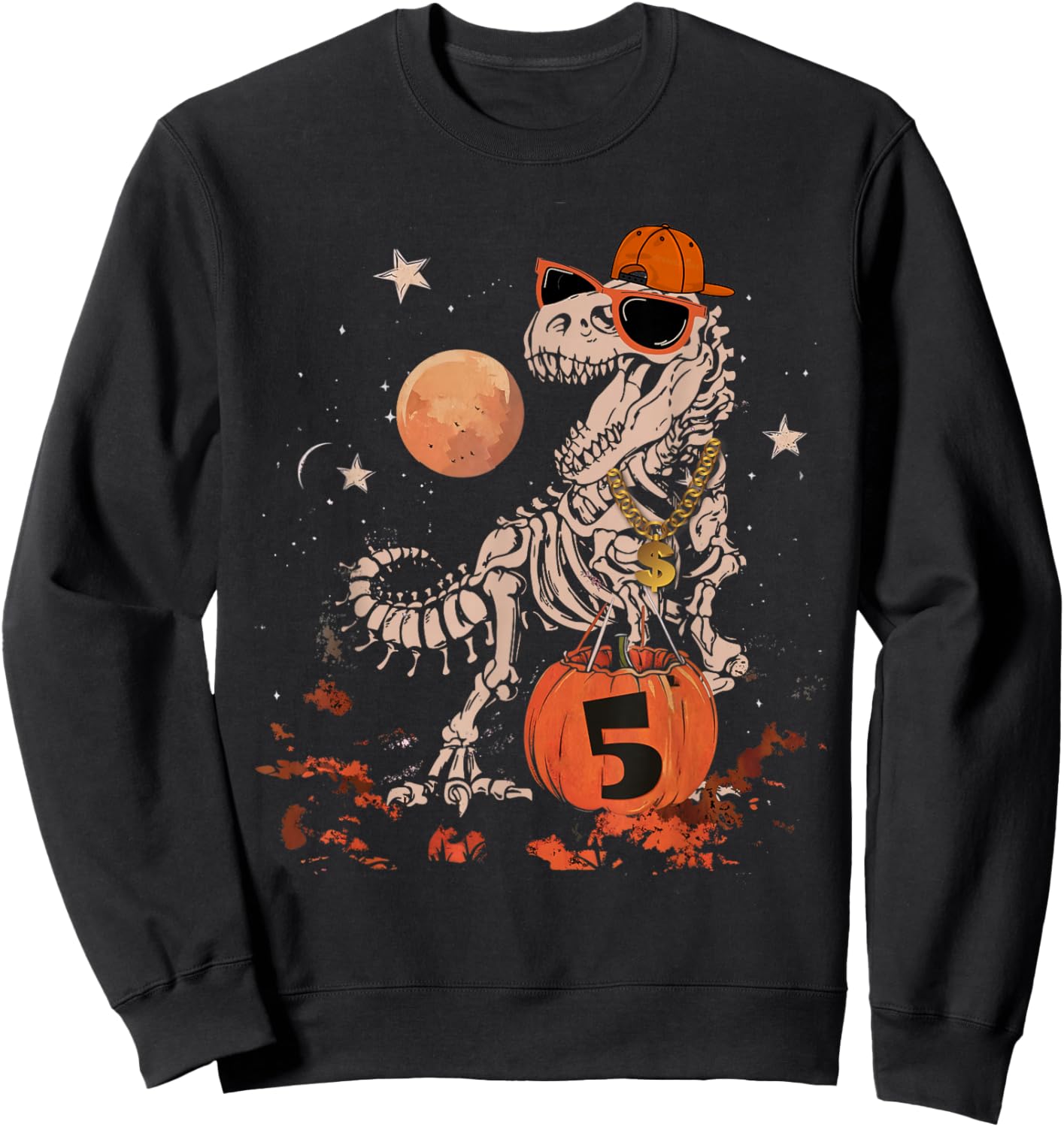 Birthday Halloween 5th Dinosaur Skeleton T-REX Scary Boy Kid Sweatshirt - Sweatshirt | Black