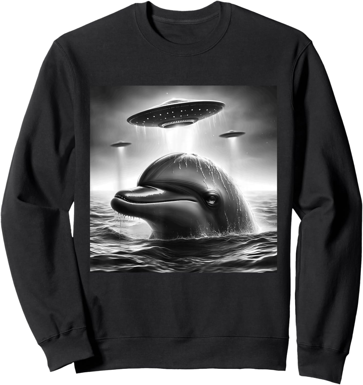 Dolphin Sea Funny Graphic Selfie with UFOs Weird Aliens Sweatshirt - Sweatshirt | Black