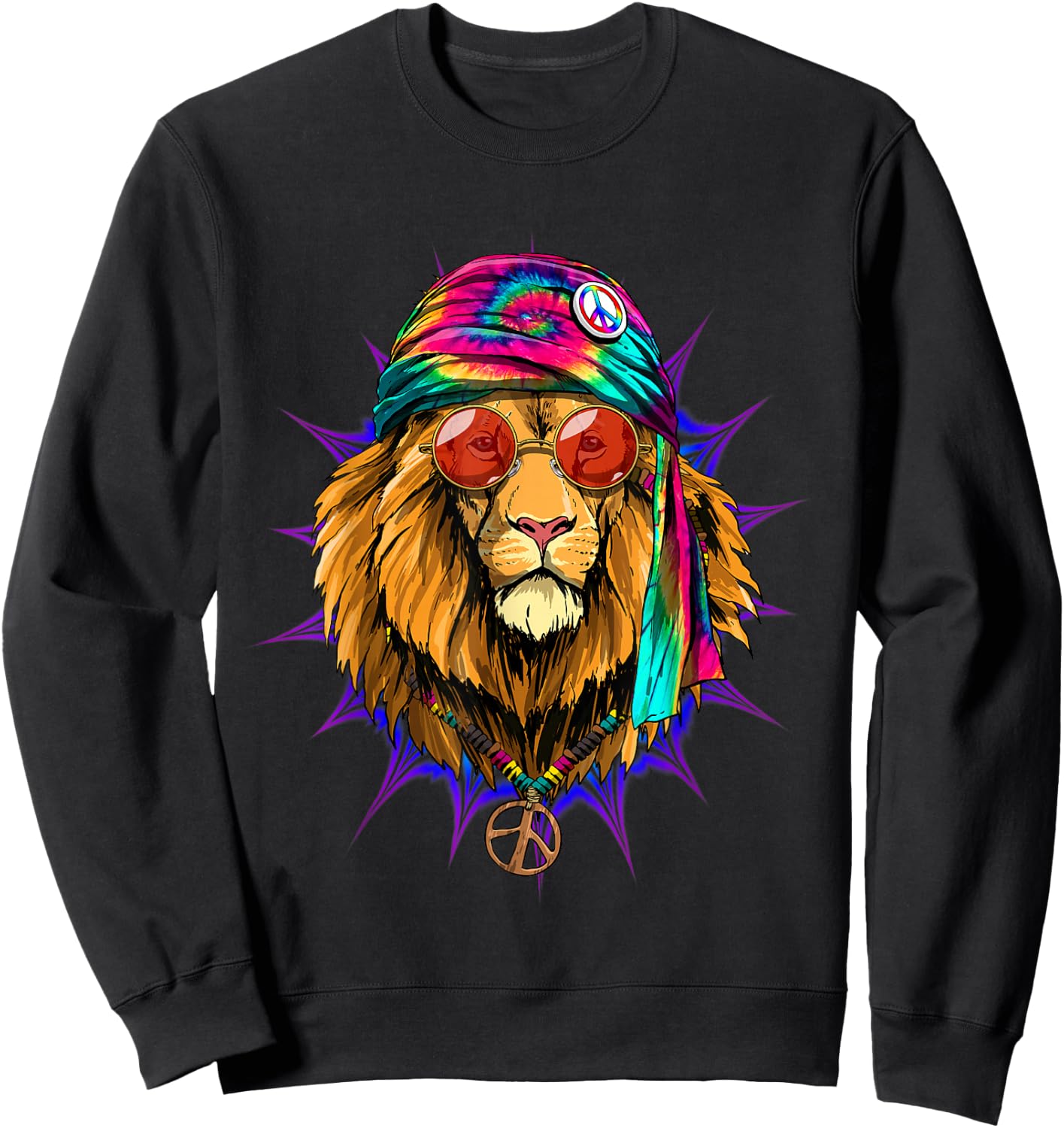 Hippie Lion Tie Dye Peace Sign Psychedelic Animal Lion Lover Sweatshirt - Sweatshirt | Black