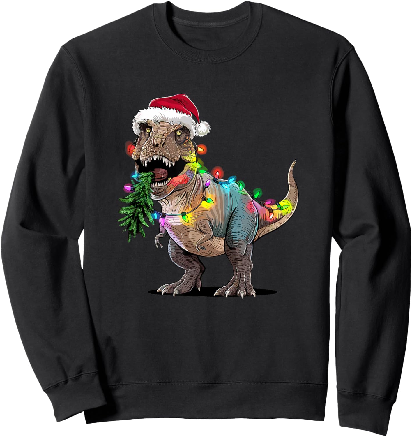 Christmas Tree Lights Santa Hat T-Rex Dinosaur Sweatshirt - Sweatshirt | Black