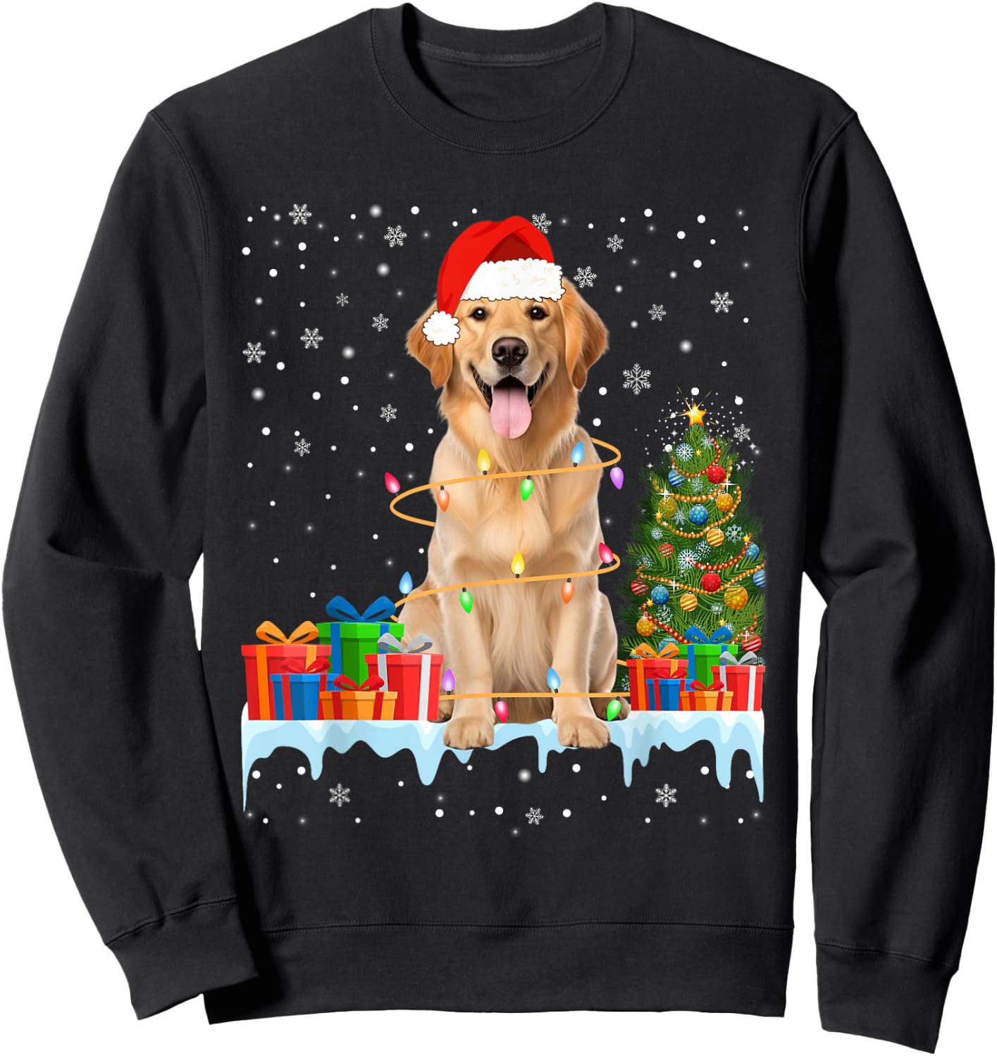 Santa Golden Retriever Dog Christmas Lights Xmas Pajamas Men Women Kids Sweatshirt - Sweatshirt | Black