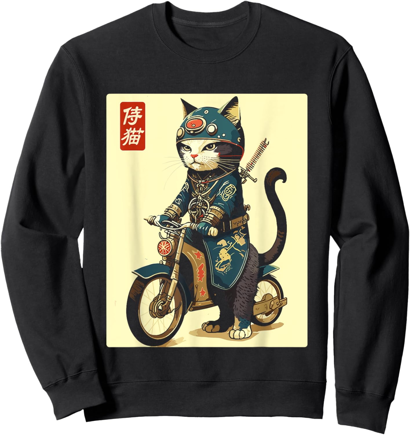 Japanese Samurai Cat on Motorcycle Kawaii Ninja Cat Women Kids Sweatshirt - Sweatshirt | Black