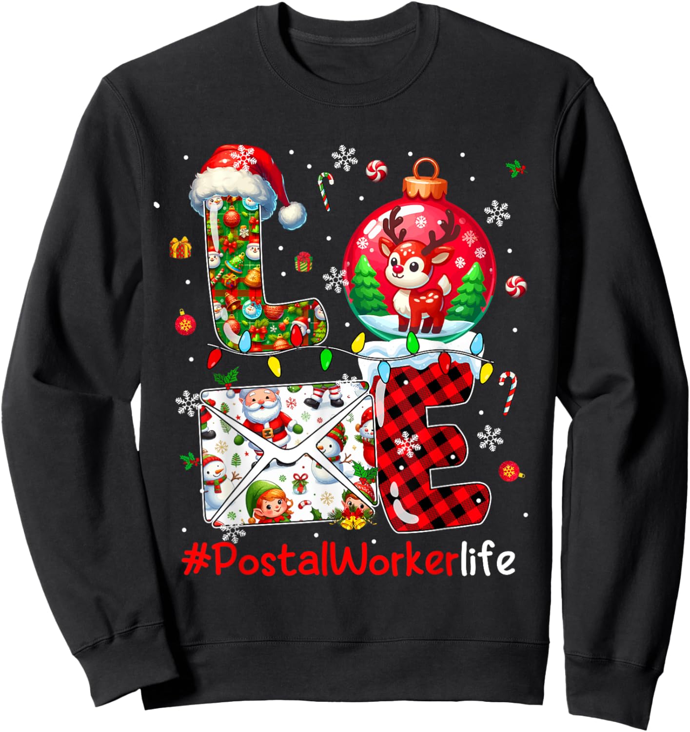 LOVE Postal Worker Christmas Santa Reindeer Matching Team Sweatshirt - Sweatshirt | Black