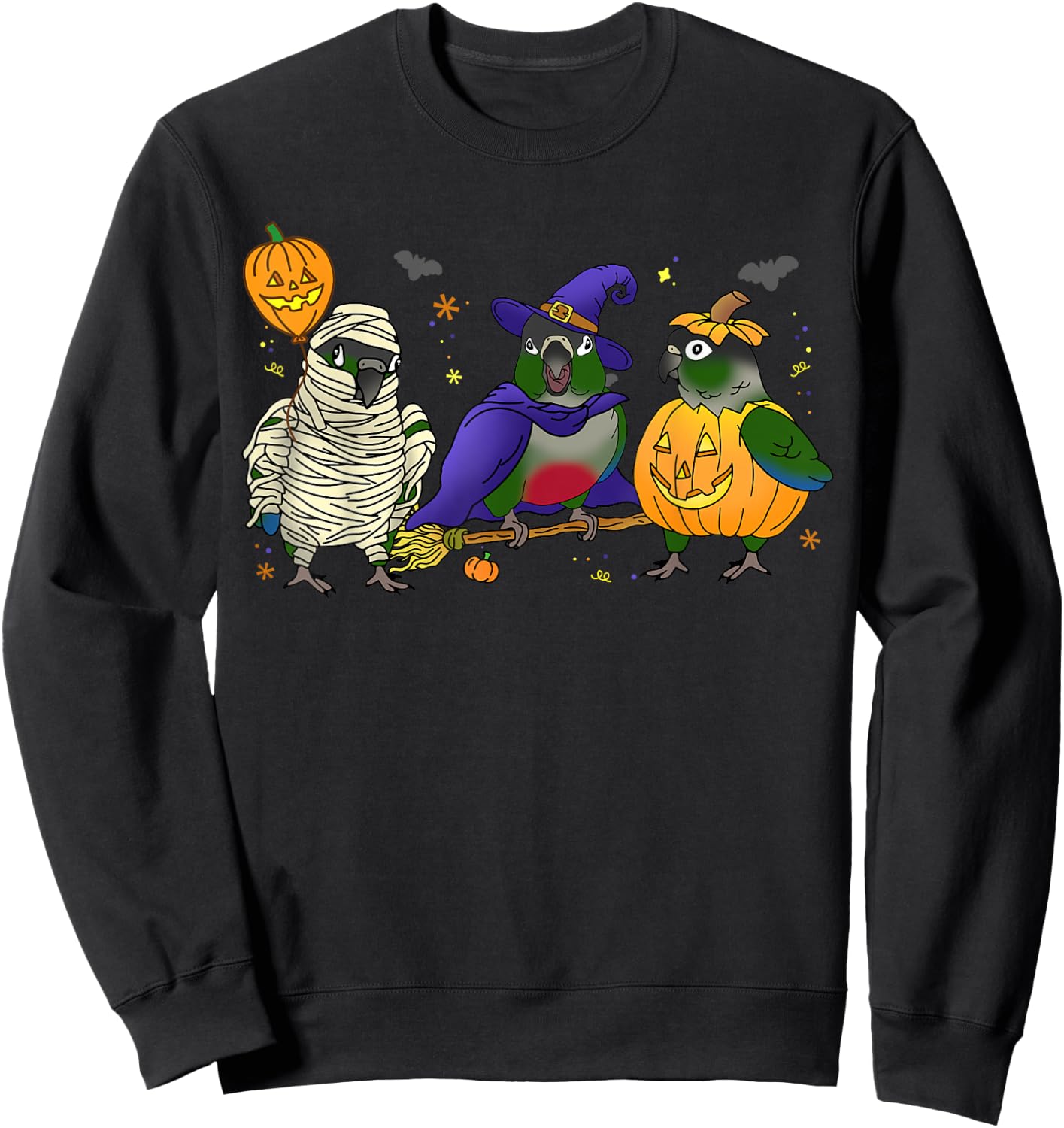 Halloween parrot Green Cheek Conure Pumpkin Mummy Witch Birb Sweatshirt - Sweatshirt | Black