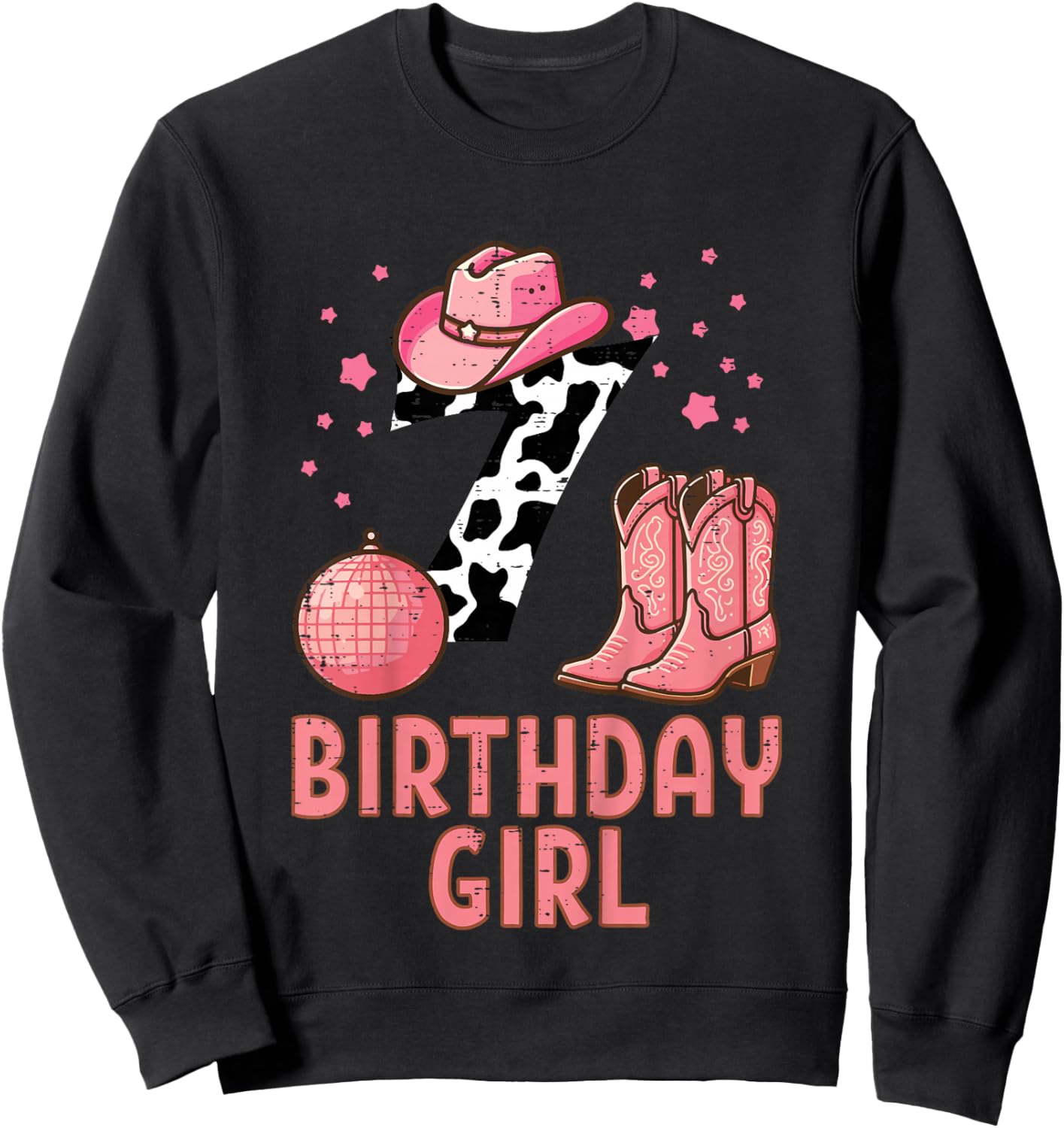 7th Birthday Cow Pattern Cowgirl 7 Year Old Bday Girls Kids Sweatshirt - Sweatshirt | Black