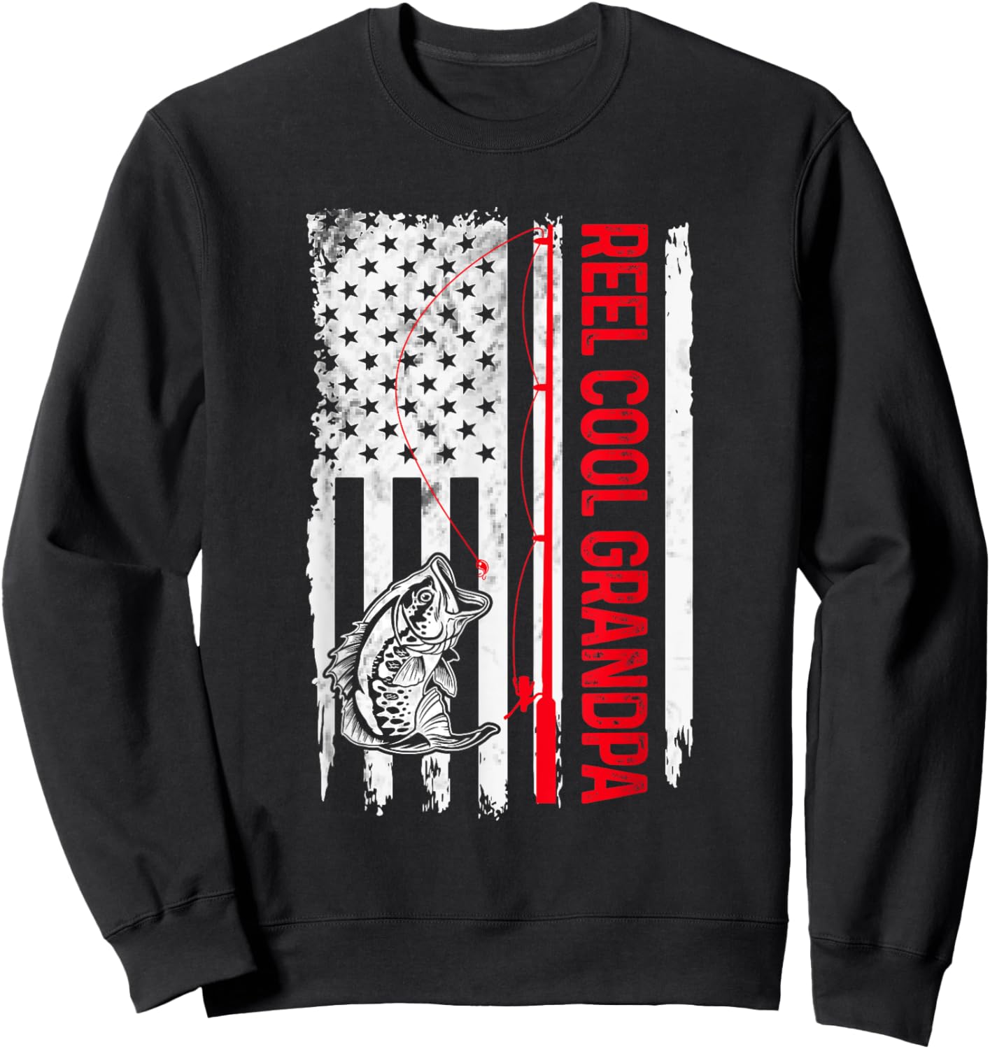 Reel Cool Grandpa Fishing American Flag Funny Papa Dad Sweatshirt - Sweatshirt | Black