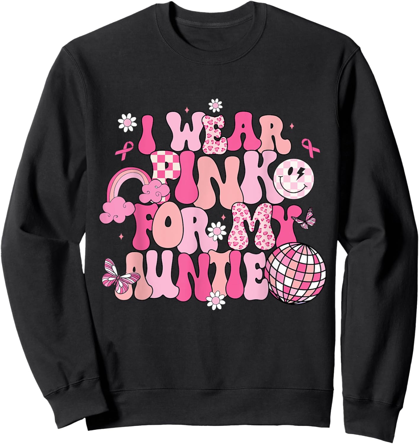 Groovy I Wear Pink For My Auntie Breast Cancer Awareness Sweatshirt - Sweatshirt | Black