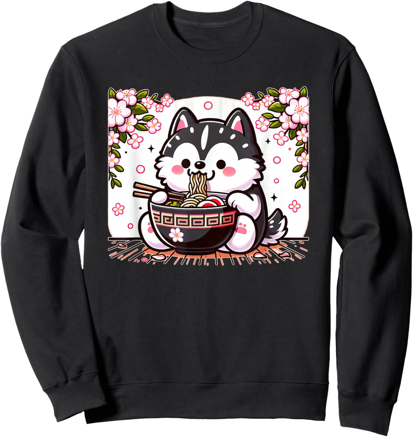 Kawaii Husky dog Eating Ramen Sweatshirt - Sweatshirt | Black