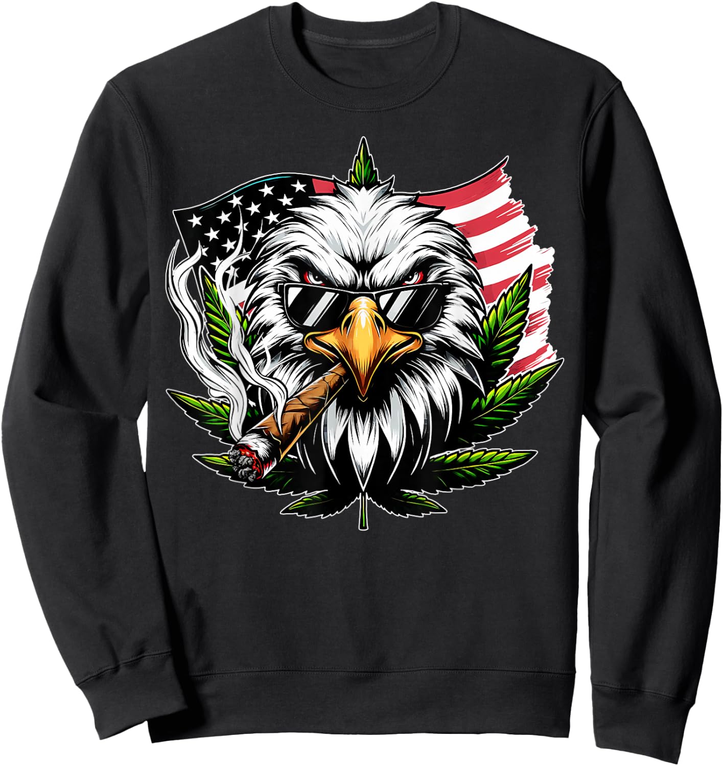 Eagle Smoking Marijuana Us Flag 4th Of July Cannabis Leaf Sweatshirt - Sweatshirt | Black