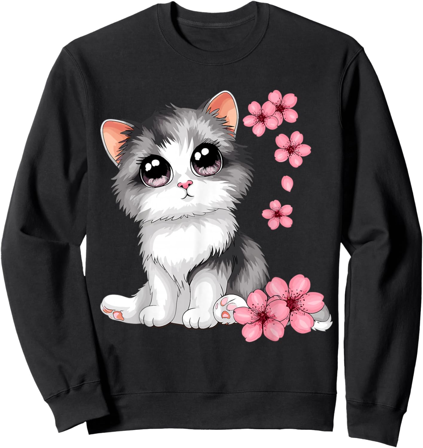 Cute Cat With Cherry Blossoms Cat Sweatshirt - Sweatshirt | Black