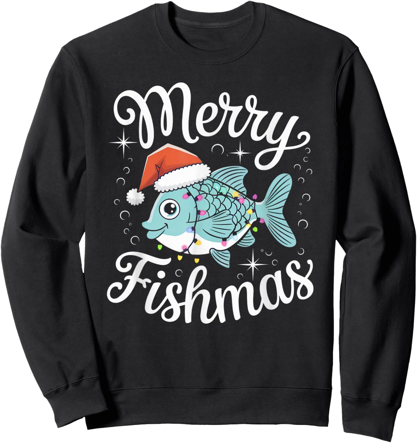 Merry Fishmas Cute Fish Christmas Decor with Santa Hat and Sweatshirt - Sweatshirt | Black
