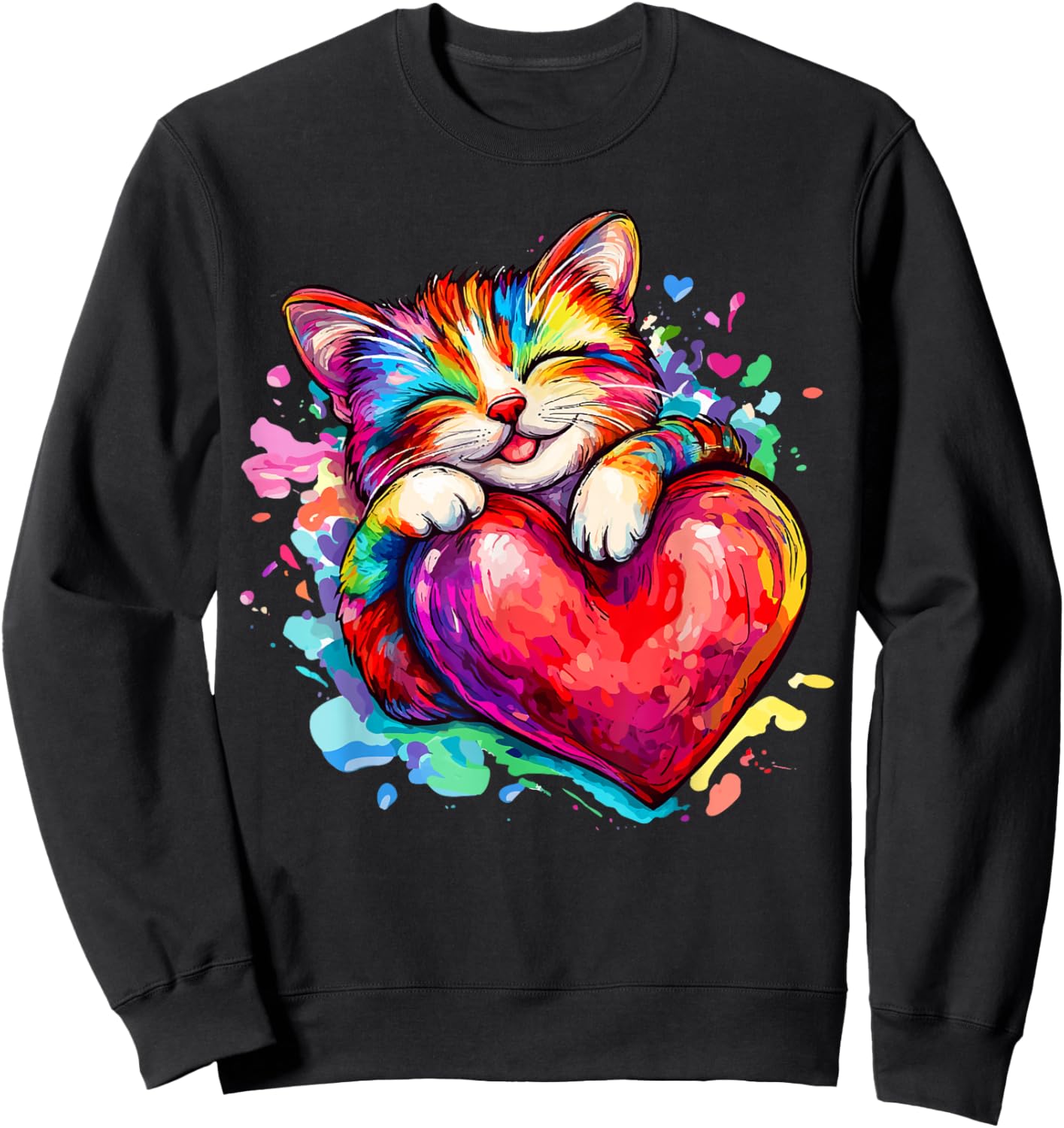 Cat Kitty Hugging Valentine Heart Rainbow Love Sweatshirt - Sweatshirt | Black