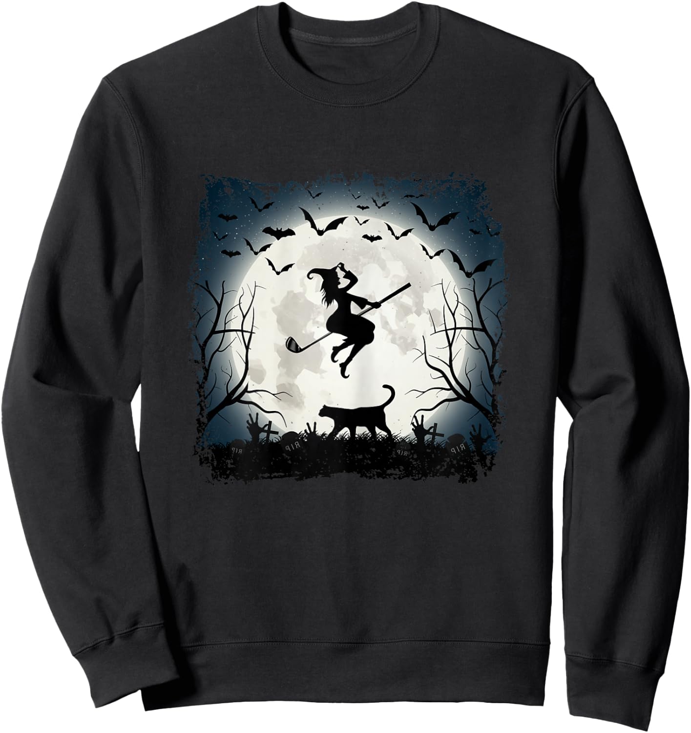 Golf Witch Riding Golf Stick Funny Halloween Golf Player Sweatshirt - Sweatshirt | Black