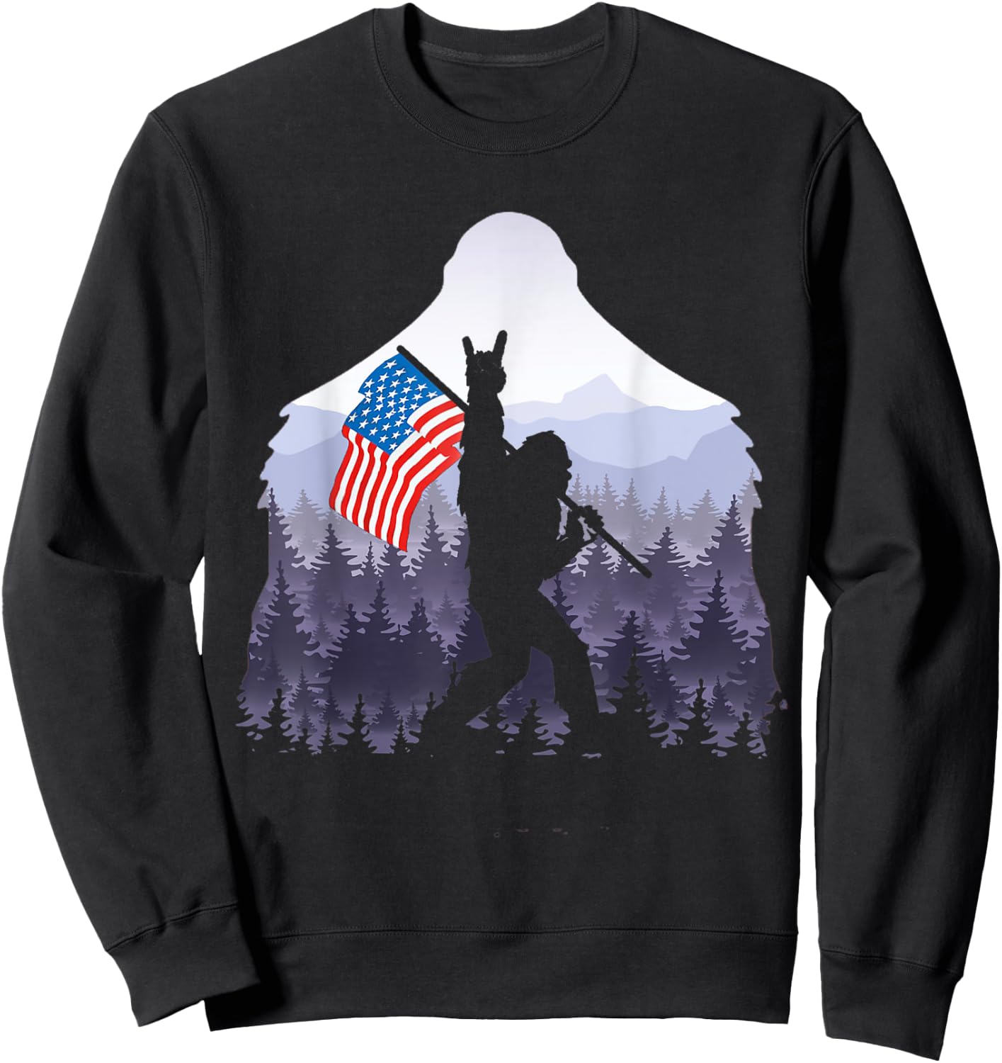 USA flag Bigfoot Victorty sign Peace in the forest camping Women Men Sweatshirt - Sweatshirt | Black