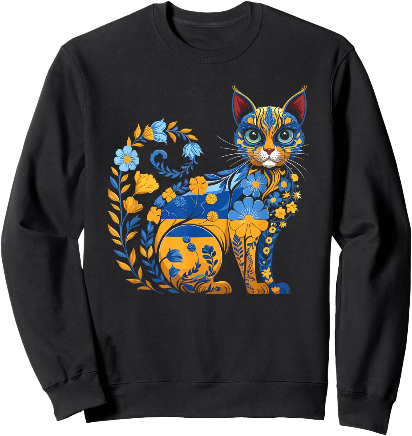 Ukrainian Flag Vintage Ukrainian Style Vyshyvanka Ukrainian Cat Pattern , Black, S Sweatshirt - Sweatshirt | Black