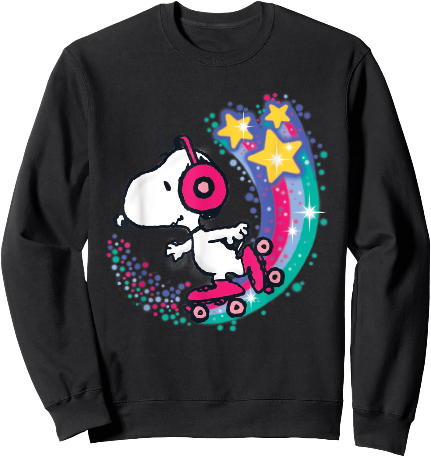Peanuts Snoopy Roller Skating Star Powered Rainbow Sweatshirt - Sweatshirt | Black