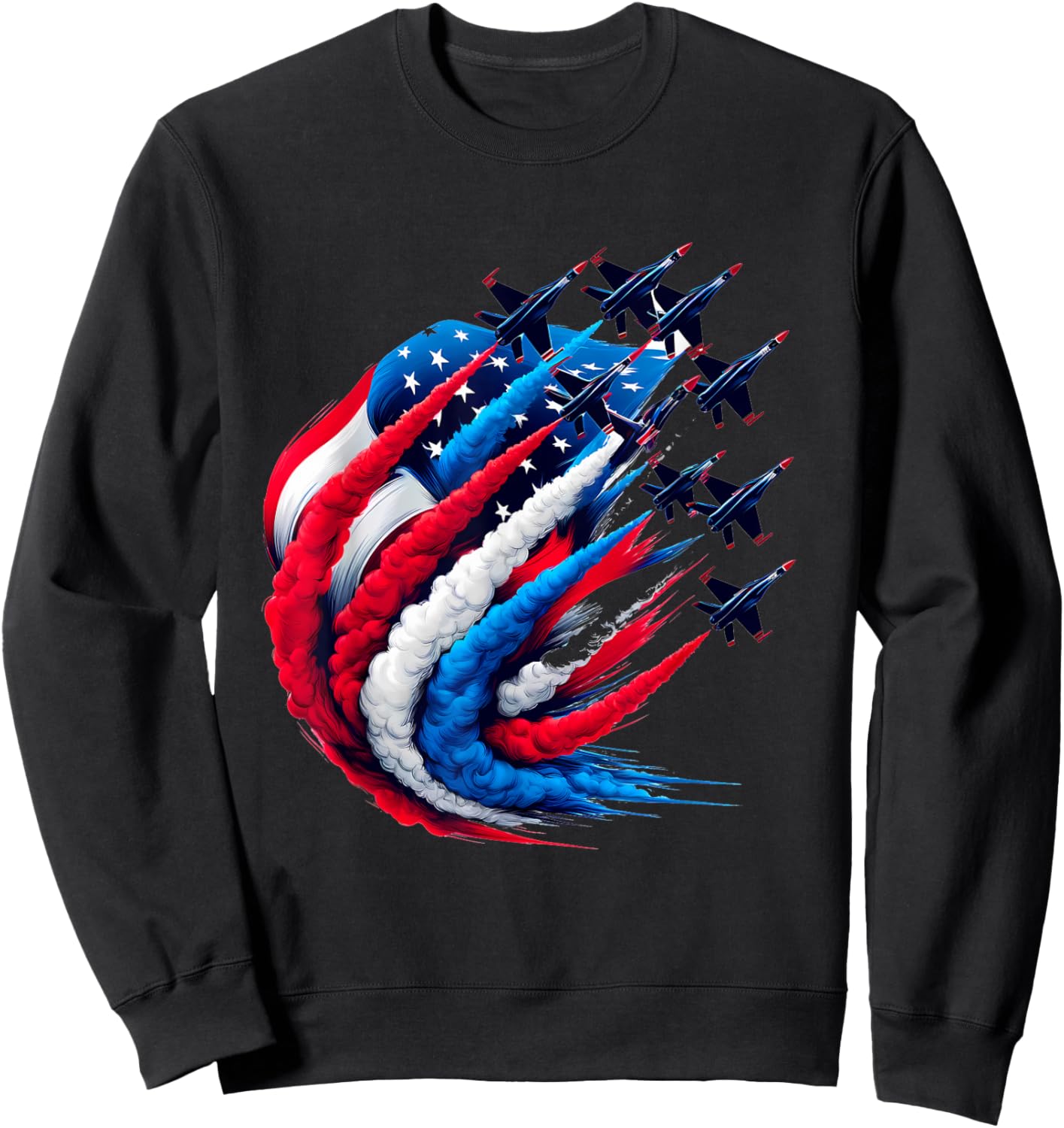 Red White and Blue Aviation Fighter Jet Smoke American Flag Women Men Sweatshirt - Sweatshirt | Black