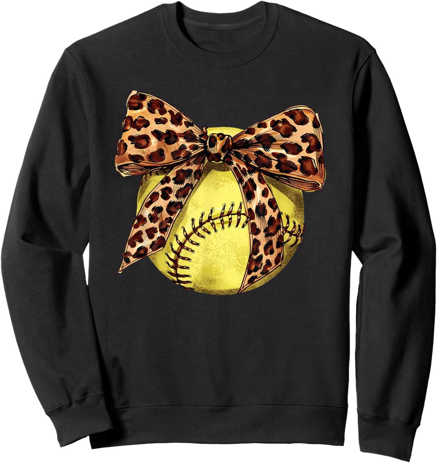 Girls Softball Leopard Animal Print Bow Ribbon Mom Daughter Sweatshirt - Sweatshirt | Black